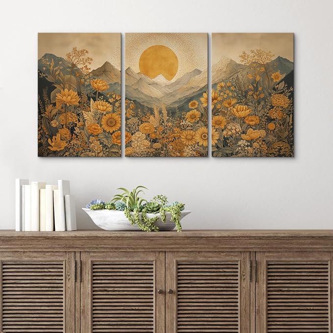 wall26 Canvas Print Wall Art Set Boho Sunflower Mountain Vintage Yellow Floral and LandscapeDecorative Minimal Relax/Zen for Living Room, Bedroom, Office - 24"x36" x 3