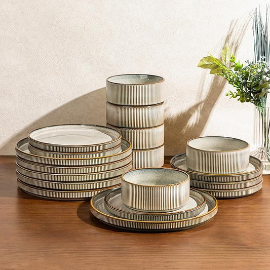 GBHOME 12-Piece Stoneware Dinnerware Set for 4 – Ribbed Ceramic Plates and Bowls, Scratch-Resistant, Microwave & Dishwasher Safe, Reactive Glaze, Mist Green