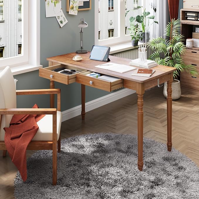 Vintage Solid Wood Writing Desk - 47.2" Mid Century Modern Desk with 2 Drawers, Wooden Computer Desks for Home Office, Large Secretary Desks, Traditional Vanity Dressing Table for Bedroom, Walnut