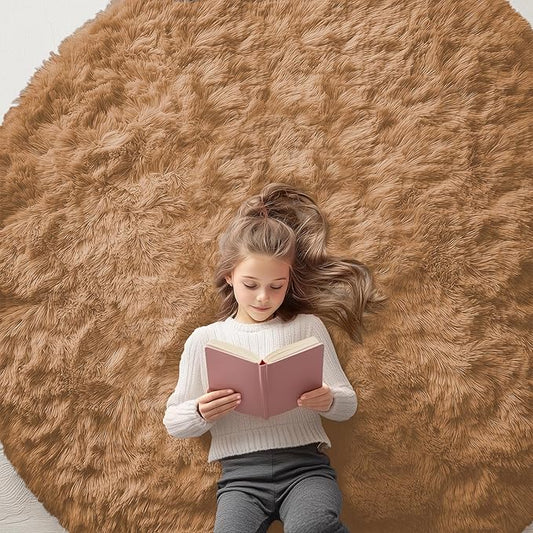 OLANLY Khaki Round Rugs for Bedroom - Machine Washable, 6 ft Circle Area Rugs for Living Room, Soft and Fluffy Shaggy Carpet for Teen Girl and Boys, Nursery Rooms, Dorms, Home Decor Aesthetic