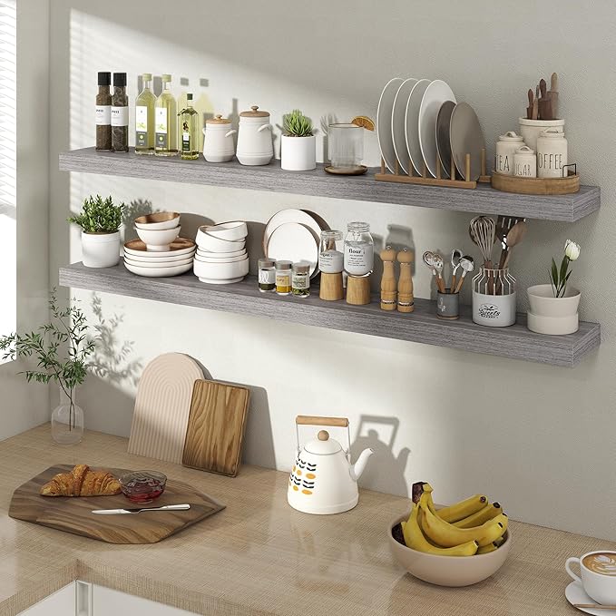 48 Inch Floating Shelves for Wall 2 Pack, 48" Wall Shelves for Books, Storage, Decor, Wall Mounted Floating Shelf with Invisible Brackets for Kitchen, Living Room, Gray