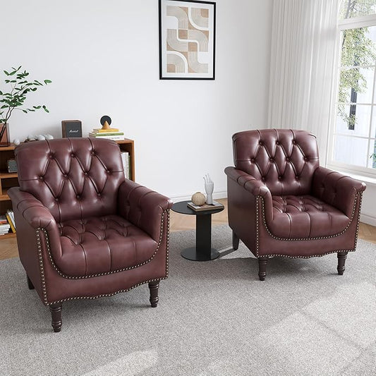 Faux Leather Accent Chair for Living Room, Tufted Arm Chair Retro Upholstered Club Armchair with Solid Wood Legs - Dark Red, Set of 2