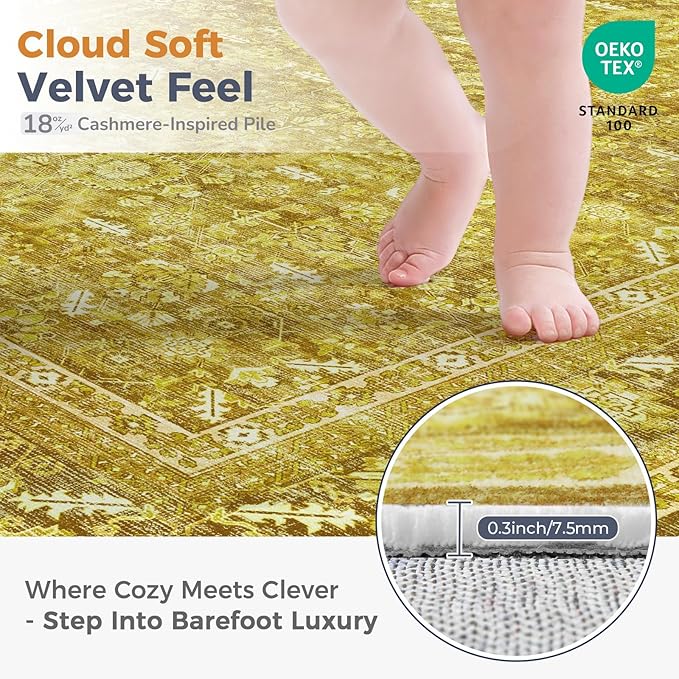 OPPODREAM Vintage Yellow Round Rug 8ft, 8 ft Retro Washable Circle Rug Non Slip, Low-Pile Faux Wool Circular Carpet, Distressed Floor Mat for Living Room, Bedroom, Office, Dorm, Dinning Room
