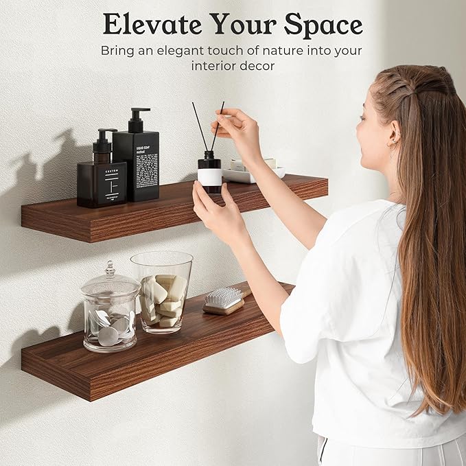 Floating Shelves for Wall, 9.3" Deep Wall Mounted Wood Shelves for Bathroom, Bedroom, Living Room, Kitchen, Hanging Shelf for Books/Storage/Room Decor (Walnut, 24")