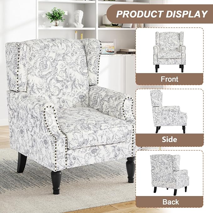 Pia Ricco Set of 2 Floral Accent Chairs, High Back Upholstered Armchairs with Retro Wingback Design, Nailhead Trim & Solid Wood Legs for Living Room Bedroom Home Office(Rococo Light Gray)