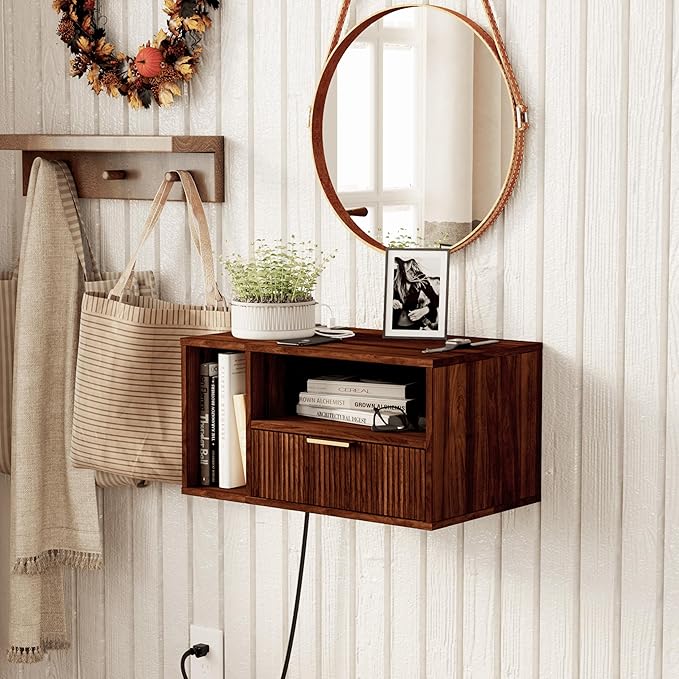 Floating Nightstand with Charging Station and LED Lights, Walnut Brown