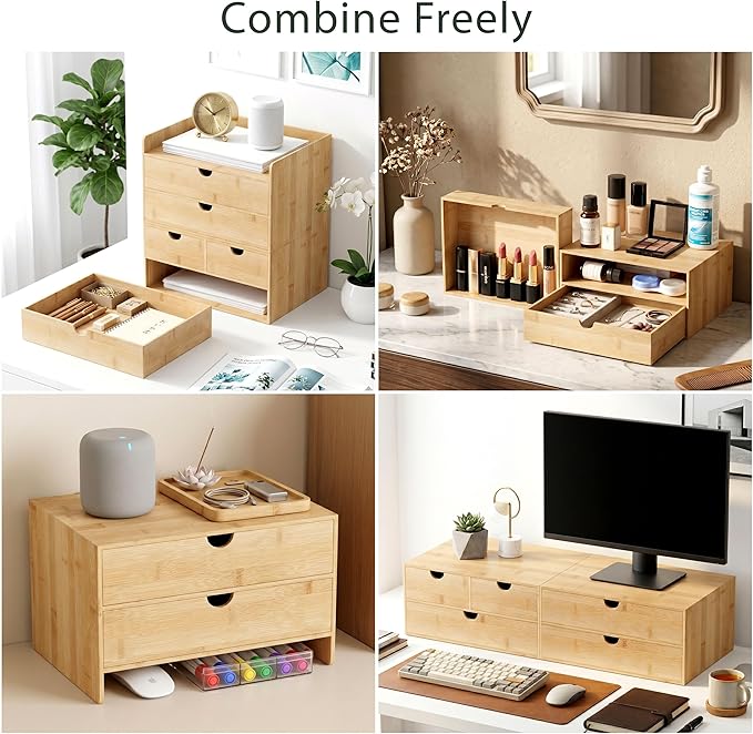 Desk Organizer with Drawers - Bamboo Desktop Organizer Storage | White-Natural Wood Desk Drawers Organizer for Bills, Office Supplies, Cosmetics, Seals No Assembly Required