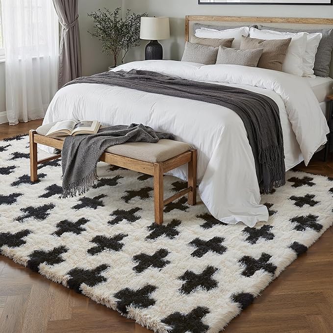 Black and White Rug 6x9 for Living Room, Super Soft Modern Shag Rug Washable Fluffy Rugs Indoor Fuzzy Carpet Non-Slip Fluffy Rugs for Bedroom Home Aesthetic Decor