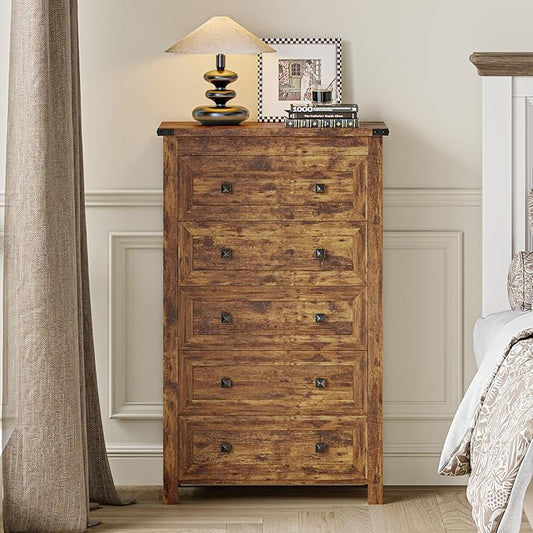 Brown Dresser Tall 5 Drawer Dresser for Bedroom, Wooden Dressers & Chests of Drawers with Metal Handles, Modern Storage Cabinet and Organizer Drawers for Living Room, Hallway