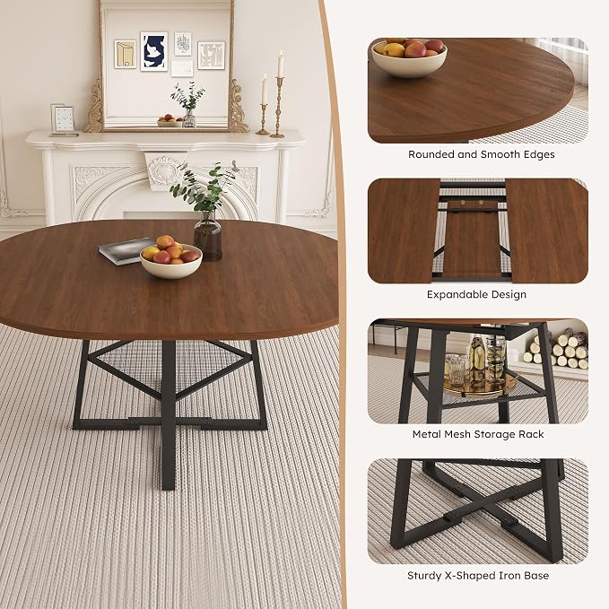 43"-59" Extendable Round Dining Table for 4-6,Mid Century Modern Walnut Wood Grain Table,Expandable Kitchen Table with Metal Storage Shelf for Small Spaces