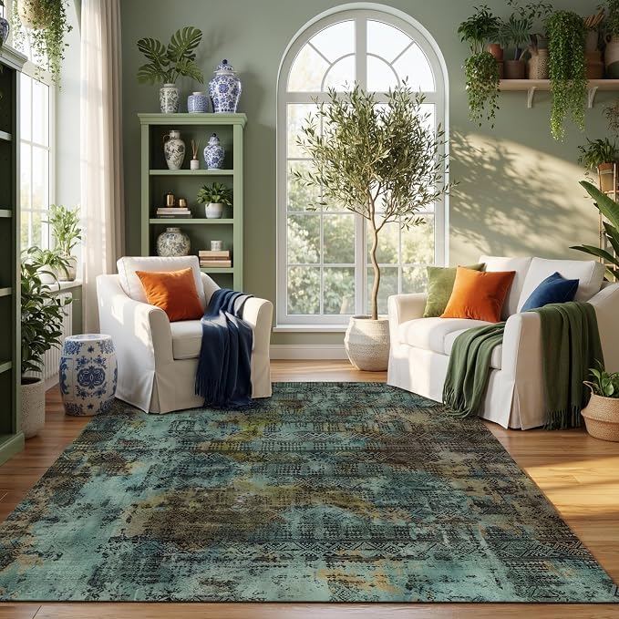 Kokia Abstract Area Rugs Living Room Washable Dark Green Low Pile 6x9 Non-Slip Indoor Decor Carpet Foldable Stain Resistant Ombre Rugs Bedroom Dining Room, Oslo Moss
