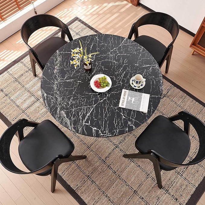 Howtek 47″ Round Dining Table Set for 4-6 People, 5 Piece Modern Kitchen Table with Faux Black Marble Wood Grain Finish & 4 PU Leather Upholstered Dining Chairs（Curved Backrest & Solid Wood Legs ）