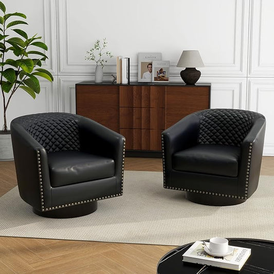 Swivel Barrel Accent Chair, Comfy Modern Upholstered Round Faux Leather Arm Chair for Living Room, Bedroom-Black, Set of 2