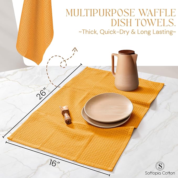 Mustard Yellow Waffle Kitchen Dish Towels 100% Cotton, Soft, Absorbent, Quick Drying, Multipurpose Use, Bar & Hand Towels, 16x26 Inches, Durable, Machine Washable, Reusable, Set of 4