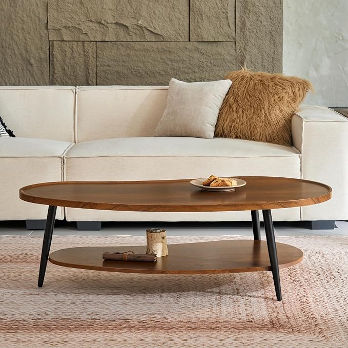 Saint Mossi Modern Coffee Table for Living Room, Mid-Century Mango Shaped Wood Coffee Table, 2-Tier Center Table for Small Space, Walnut Board, D47xW23.6xH15, Espresso