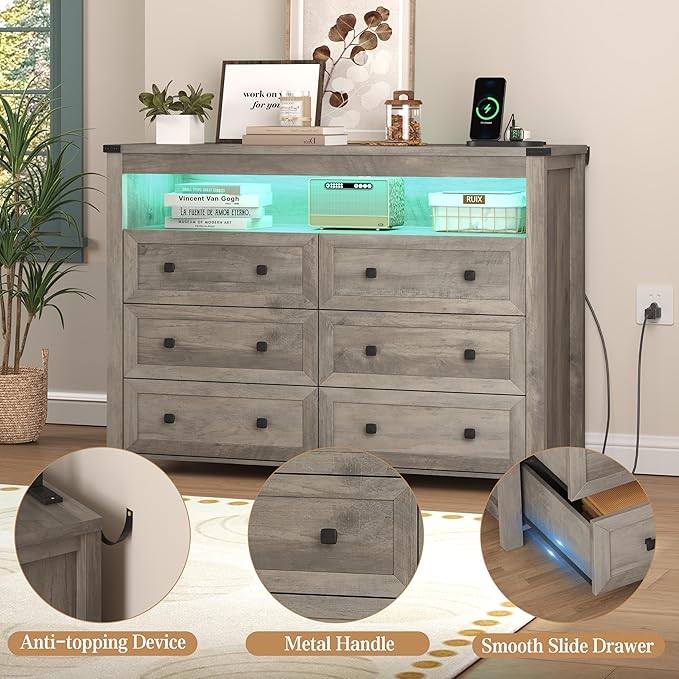 Grey Dresser 6 Drawer Dressers for Bedroom with LED Lights, Charging Station, Wood Chest of Drawers with Metal Handles, Modern TV Stand Storage Cabinet for Living Room, Hallway, Entryway, Gray
