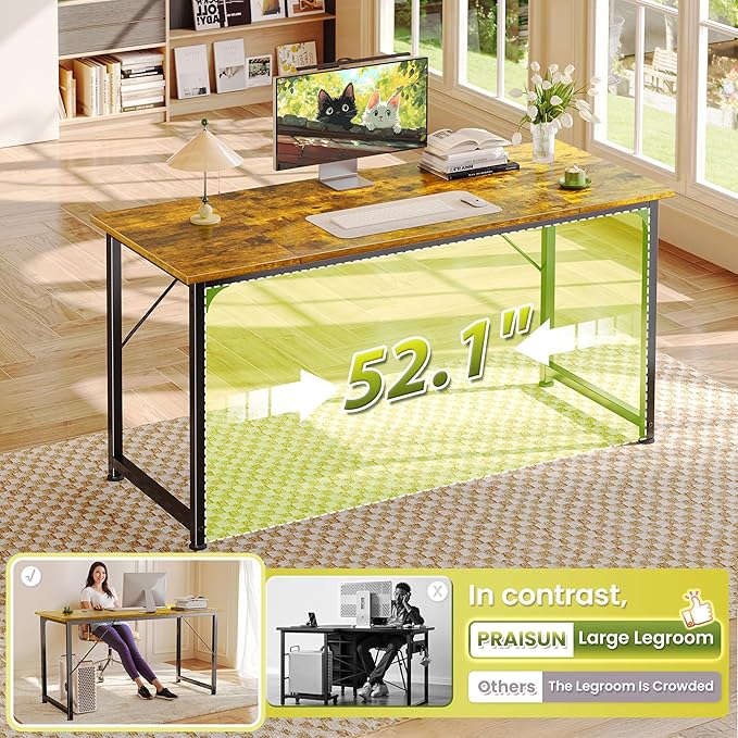 PRAISUN 55 Inch Computer Desk, Home Office Desk with Spacious Desktop, Modern Gaming Desk, Writing Study Table for Bedroom, Small Spaces, Work from Home Desk with Metal Frame, Retro Brown