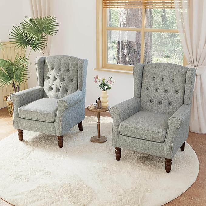 Accent Chairs Set of 2, High Back Upholstered Chair with Button Tufted, Mid-Century Modern Comfy Wingback Chair Reading Armchair in Fabric for Living Room for Bedroom, Office-Light Gray