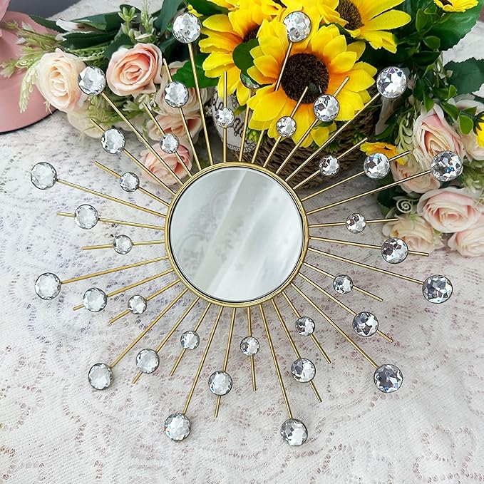 Uaussi 3 Pack Crystal Sunburst Wall Mirror Décor Rhinestone Mirrors Decorative Home Wall Art for Living Room Bedroom Entryway(Flower+Sunburst Gold)
