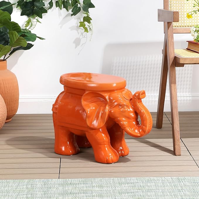 JONATHAN Y TBL1007C White Elephant 14.25" Ceramic Indoor/Outdoor Garden Stool Coastal, Contemporary, Transitional, Patio, Garden Room, Bathroom, Living Room, Orange