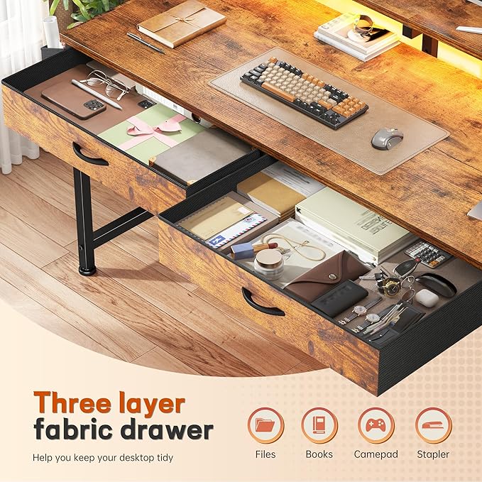 DurayLoly 47.3Inch Office Computer Desk with LED Lights & 2 Fabric Drawers, Gaming Desk with Side Pocket & Ergonomic Monitor Stand, Small Space Study Writing Table with Anti-Tip Design, Rustic Brown