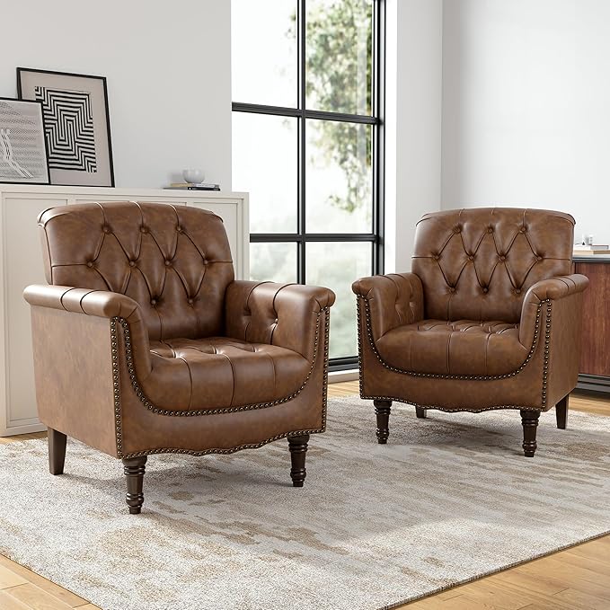 Faux Leather Club Chairs Set of 2, Retro Upholstered Armchair Accent Chair with Solid Wood Legs & Nailhead Trim for Living Room/Reading Room, Brown