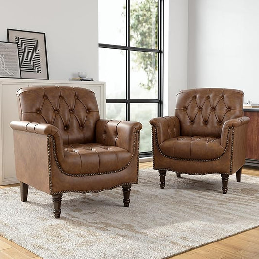 Faux Leather Club Chairs Set of 2, Retro Upholstered Armchair Accent Chair with Solid Wood Legs & Nailhead Trim for Living Room/Reading Room, Brown
