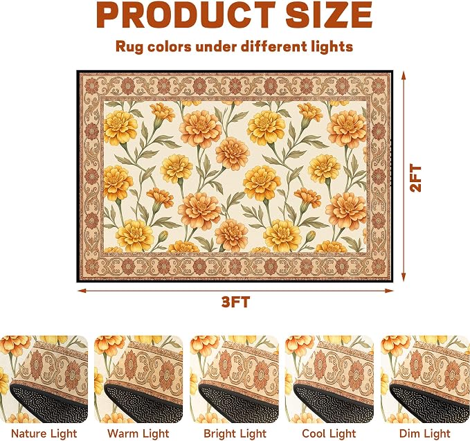 Marigold Floral Area Rug Vintage Boho Rug Bordered Non-Slip Washable Floor Mat for Entryway Bedroom Living Room Nursery Kitchen Playroom Home Decor,2'x3'