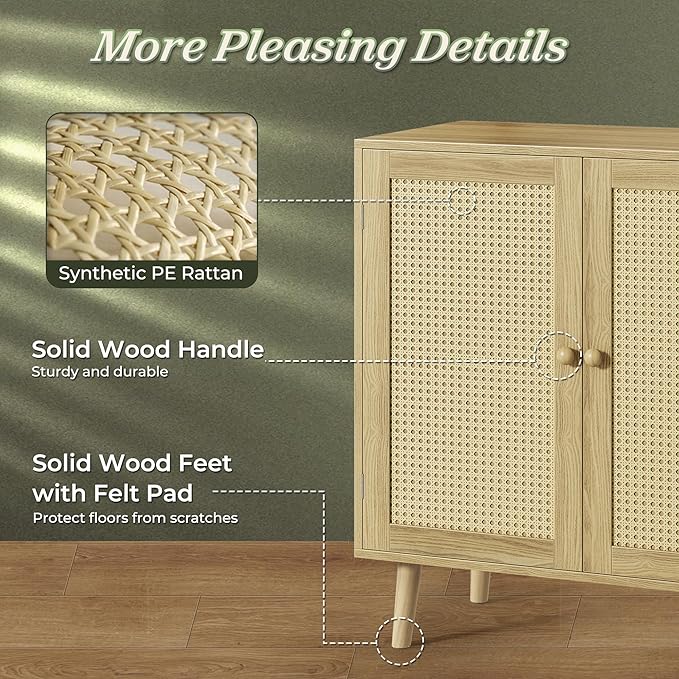 Huuger Buffet Cabinets with Storage, Set of 2, Storage Cabinets with Synthetic Rattan Doors, Accent Cabinet with Solid Wood Feet, Sideboard Cabinet for Hallway, Entry, Living Room, Natural