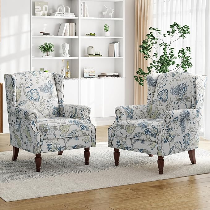 Pia Ricco Set of 2 Floral Accent Chairs, High Back Upholstered Armchairs with Retro Wingback Design, Nailhead Trim & Solid Wood Legs for Living Room Bedroom(Plants Blue)