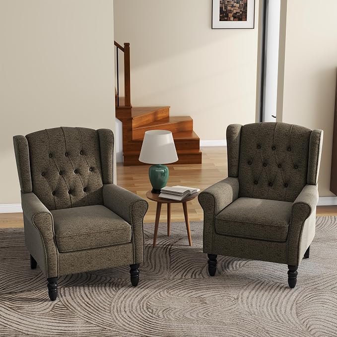 High Back Accent Chairs Set of 2, Upholstered Armchair Wingback Arm Chair for Living Room, Comfy Single Sofa Solid Wood Legs Bedroom Reading Seat - Taupe Tan