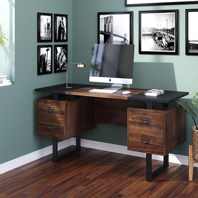 Computer Desk for Home Office with 4 Large Drawers, Rustic Wood Writing Study Table with Metal Frame, 59” x 21.7” x 29.5”, Easy Assembly, Brown and Black CTSZ20401WACM