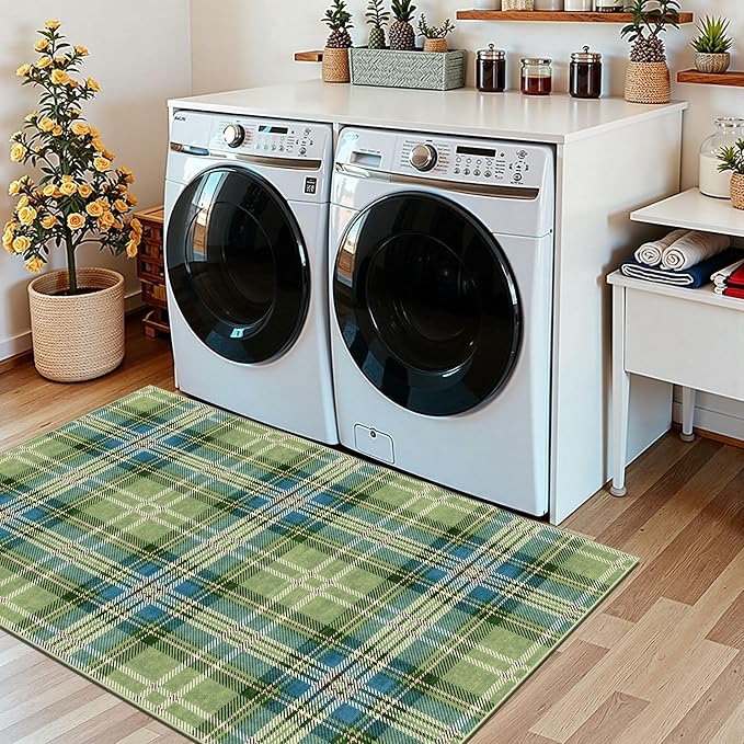 Buffalo Outdoor Rug - 28" x 43" Front Door Mat Indoor Outside Entrance Non-Slip Washable Outdoor Mat Green Teal Plaid Tartan Rug for Entryway Kitchen Bedroom Layered Doormat for Front Porch
