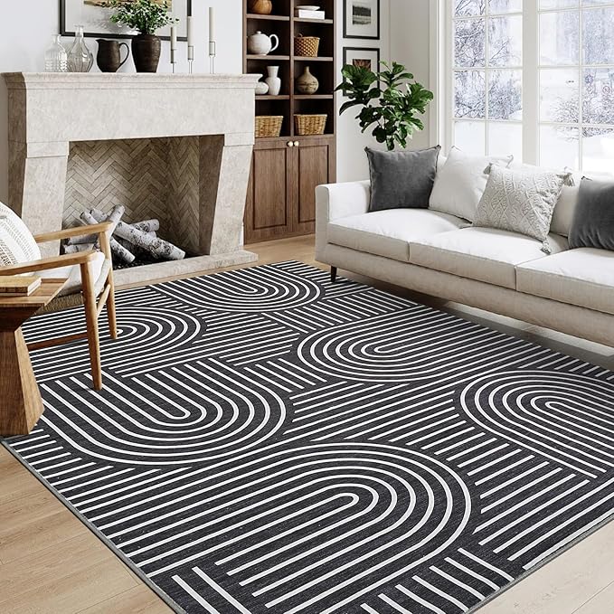 Washable Rug 8x10 Area Rugs for Living Room, Abstract Rug for Bedroom, Soft Rainbow Non Slip Throw Rugs with Rubber Back, Low Pile Stain Resistant Boho Geometric Carpet for Dining Room, Black
