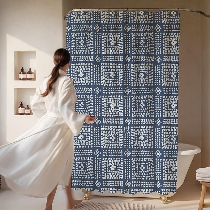 Modern Blue Shibori Print Shower Curtain - Boho Geometric Dot Pattern - Mudcloth Design - Decorative Fabric Shower Curtain for Any Bathroom - 72x72 Inches (Shibori)