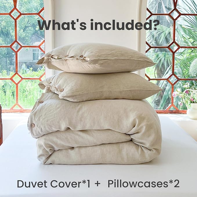 Simple&Opulence 100% Linen Duvet Cover Set 2pcs with Coconut Button Closure Natural French Washed Flax Solid Color Soft Breathable Farmhouse Bedding - Linen, Twin Size