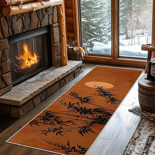 Small Area Rugs 2x4 Entryway, Oriental Bamboo Rug, Full Moon Sunset Design, Washable Kitchen Rug Non-Slip, Compact Carpet for Laundry Room & Powder Room, Asian Zen Nature Room Decor