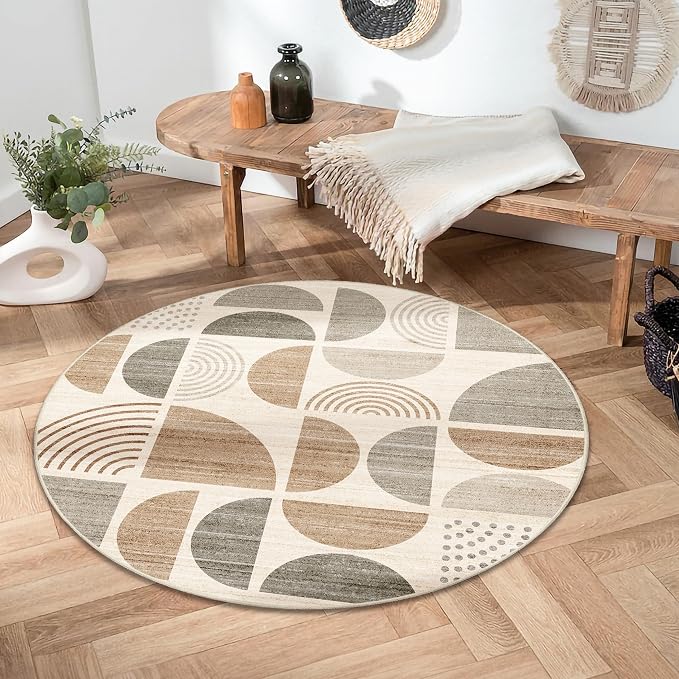 MUJOO Round Rug 4ft,Small Circle Area Rug Washable,Circular Rugs for Entryway Bedroom Kitchen,Boho Non Slip Throw Floor Carpet Modern Abstract Bohemian Neutral Beige