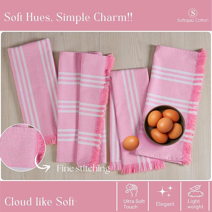 Prewashed Stripe Tea Towels 4 Pack, 16x26 Inches, Dish Cloths for Cooking and Cleaning, Quick Dry Kitchen Rags, Reusable Hand Towels for Drying Dishes and Surfaces - Rose Pink
