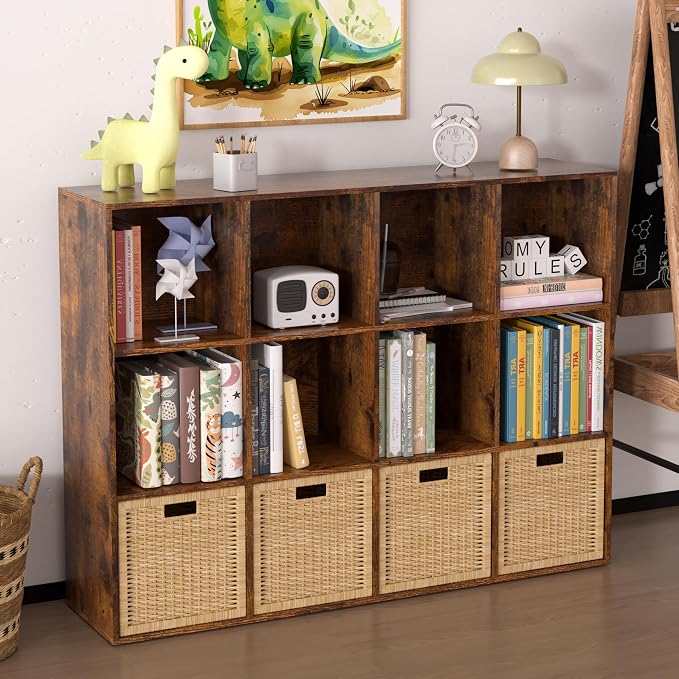 Wooden 12 Cube Storage Organizer with Closed Back Panel,Brown Cube Shelf Cubby Storage Organizer with Compartments for Living,Bookshelf, Easy to Install (Retro Brown, 12-Cube-11in)