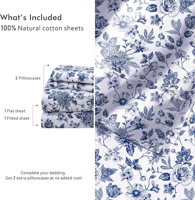 RUVANTI 4 Pcs Cotton Sheets - 100% Natural Cotton Soft, Lightweight & Breathable Crispy Percale Bed Sheets, Twin Sheets Set 16" Deep Pockets, Wild Flower