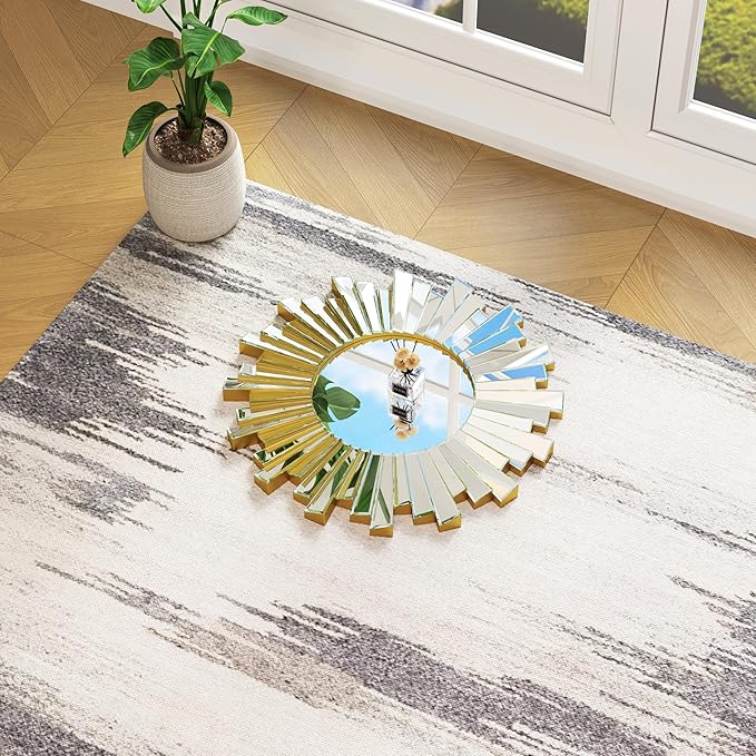 Sunburst Round Wall Mirror - 26" Large Starburst Decorative Mirror with 3D Beveled Glass Frame, Modern Frameless Unique Wall Decor for Living Room, Dining Room, Entryway, Fireplace