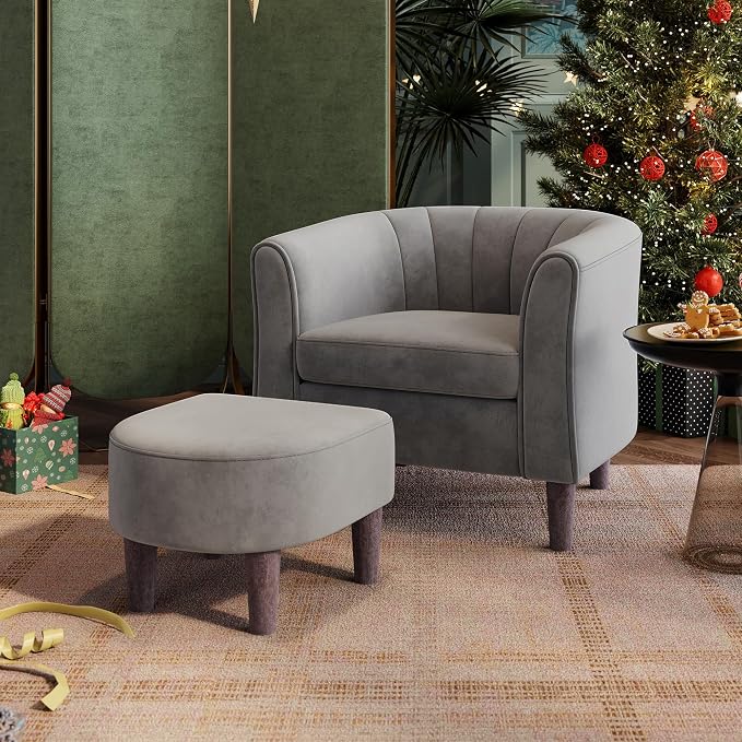 LINSY Accent Chair with Ottoman, Modern Armchair Comfy Barrel Reading Chair with Footrest for Living Room Bedroom Reading Room, Velvet, Light Grey