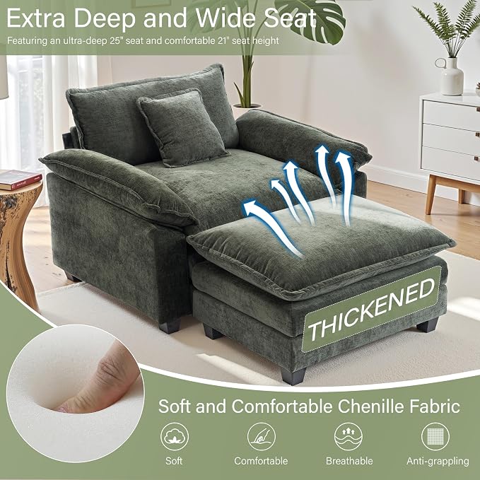 Winterstorm Chenille Oversized Chair with Ottoman - 44" W Large Comfy Accent Chair and Ottoman Set, Modern Single Cloud Chaise Lounge for Indoor Living Room (Green)