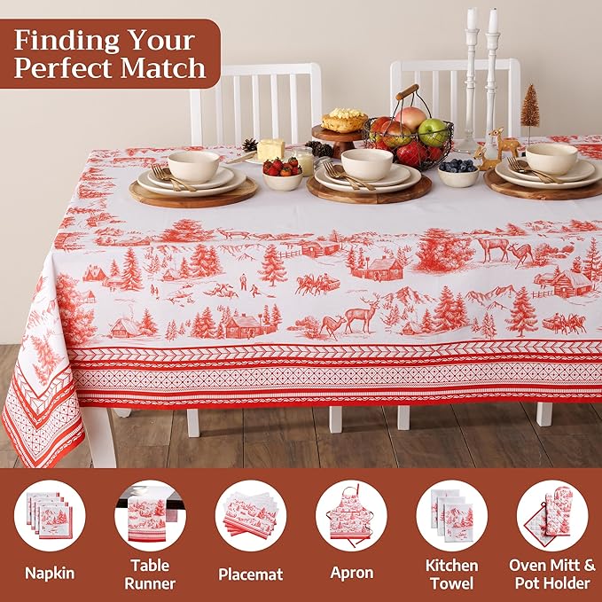 Maison d' Hermine Table Cloth Rectangle Table 100% Cotton 60 x 120 Inches Fall Tablecloth Reusable Everyday Use for Thanksgiving Christmas Decorations Dining Farmhouse Party (Winter Jouy)