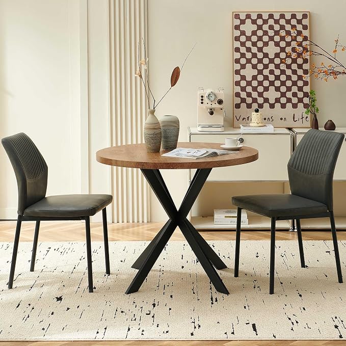 37" Round Dining Table Set for 2, Mid Century Modern Small Coffee Set for Dining Room Kitchen Apartment (Walnut Table + 2 PU Leather Dark Grey Chairs)