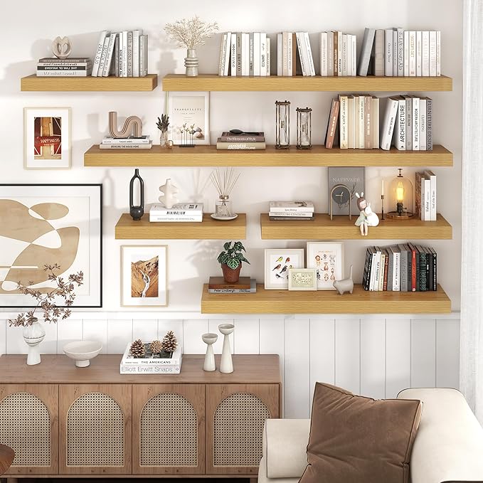 Floating Shelves for Wall, 36" W x 12" D x 2" H, 2 Pack of Long Wall Mounted Engineered Wood Shelves with Invisible Brackets for Living Room, Bedroom, Bathroom, Kitchen Decor, Oak