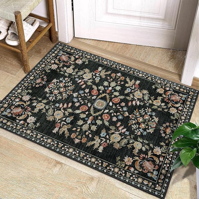 MUJOO Small Rug Washable,Black 2x3 Area Rugs for Entryway,Floral Front Door Mat Indoor Entrance Entry Way,Boho Kitchen Bathroom Floor Rug Throw Carpet Non Slip Low Pile Vintage
