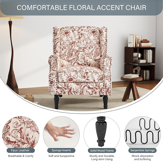 High Back Floral Accent Chair, Fabric Wingback Chair Upholstered Armchair for Living Room - Rococo Orange