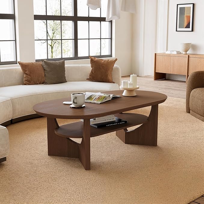 Mid Century Modern Coffee Table, 47" Oval Wood Coffee Tables for Living Room, 2 Tier Curved Round Center Table with Storage Shelf & Sturdy Base, Minimalist Retro Tea Tables, Walnut